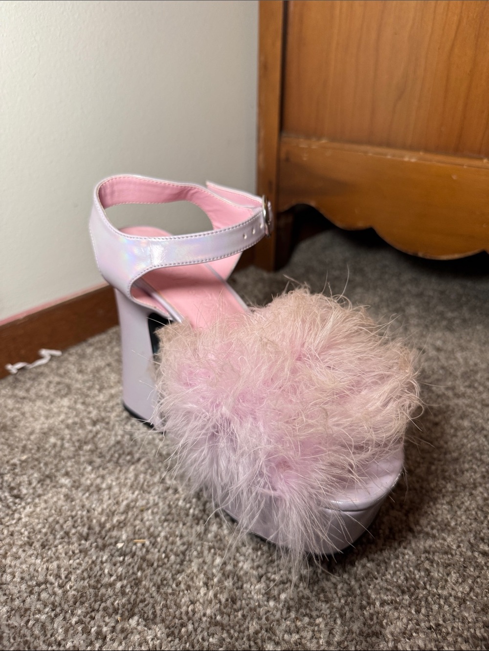Sugar Thrillz Pink Faux Fur Platform Sandals with Ankle Strap - Picture 4 of 4